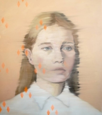 Woman portrait with orange abstract decorations.