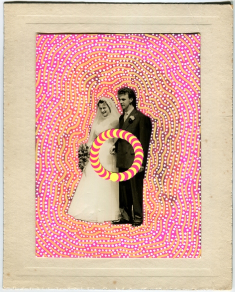 Vintage wedding photo decorated with dotty stickers and posca pens.