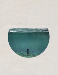 Woman seen from behind floating into a circle seascape.