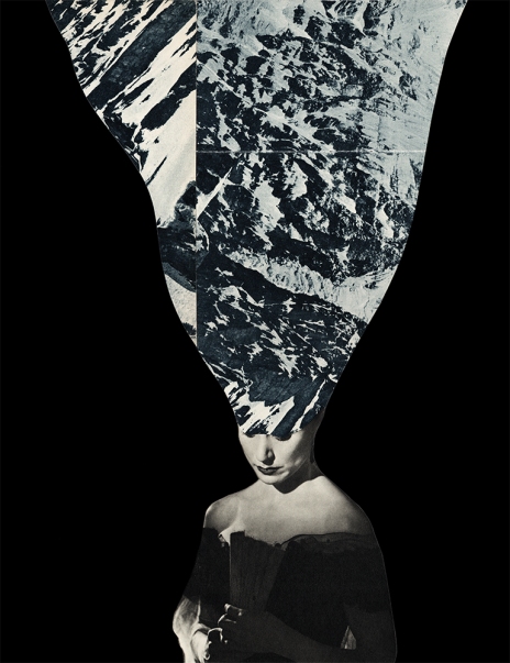Defaced woman collage portrait with a mountain landscape covering her face.