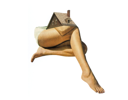 Woman legs with a house roof on the top of them.