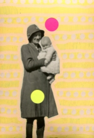 Mother with baby retro photo altered using pens and stickers.