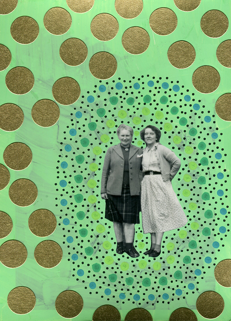 Couple of women photo surrounded by abstract golden and green forms.