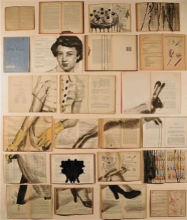 Vintage books installation with a woman portrait, a cake and a rabbit illustration painted over.