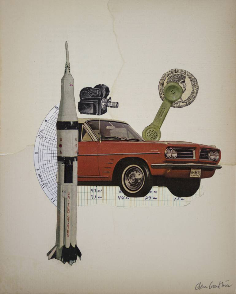 Collage of a phone, a missile, a car and a videocamera.