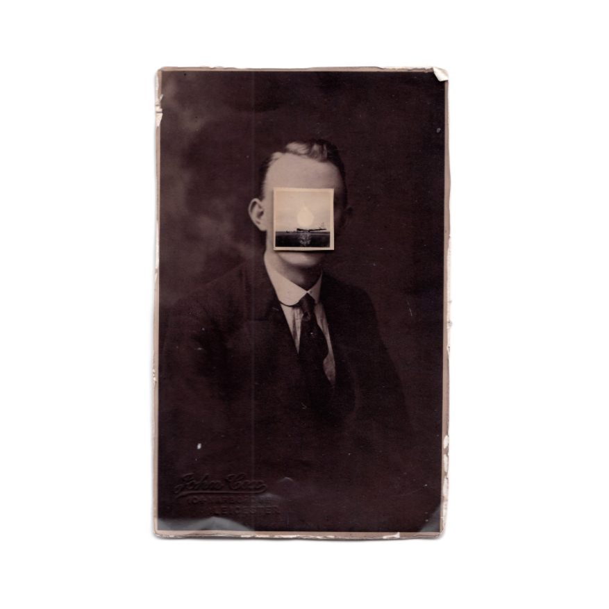 Vintage man portrait with the face covered by a vintage photo.
