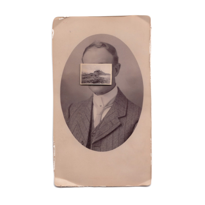 Vintage man portrait with the face covered by a vintage landscape photo.