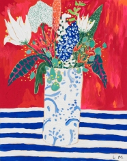 Vase of Flowers on a Striped Table Cloth