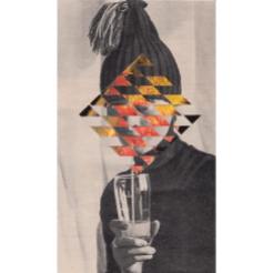 Woman drinking portrait with the face covered by a geometric pattern.