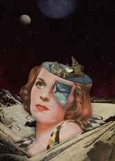 Half cut woman head with a surreal galaxy background.