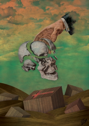 Giant male head touching a fragmented skull floating in the air.