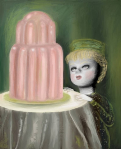 Portrait of a dark character with a green hat staring at a giant pink sweet putted over a table.