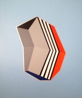 Black, grey, orange, and blue geometric composition with a grey background.