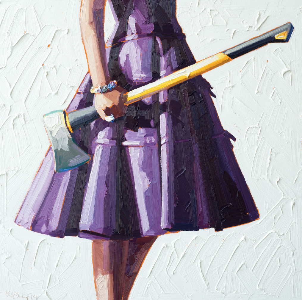 Woman torso wearing a purple dress holding an hatchet.