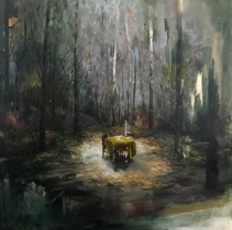 Paintings of a table in the middle of a forest.