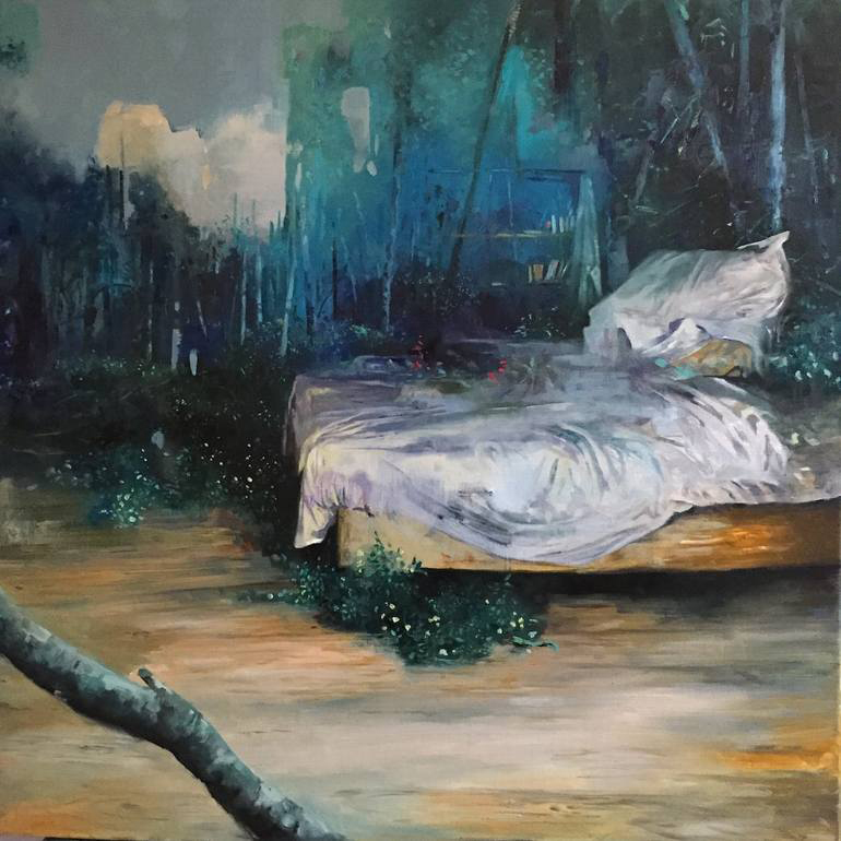 Painting of a bed in the middle of nature.
