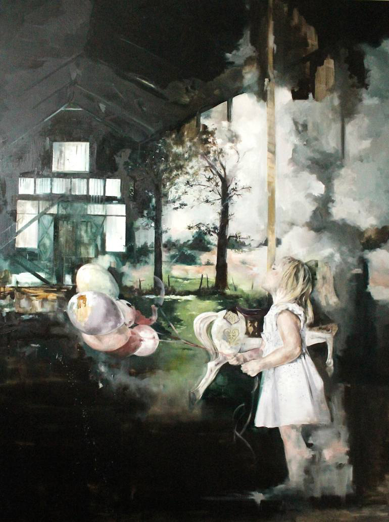 Paintings of a baby girl into a house with an open wall that faces into a natural landscape.