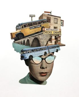 Woman with sunglasses with the head covered with buildings and buses.