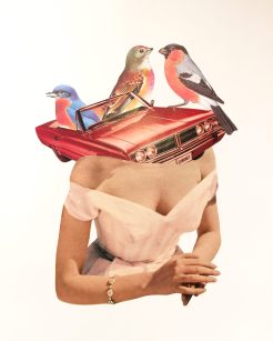 Female bust with a car with birds coming out from her body.