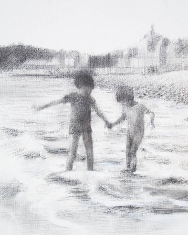 Two kids playing at the sea drawing.