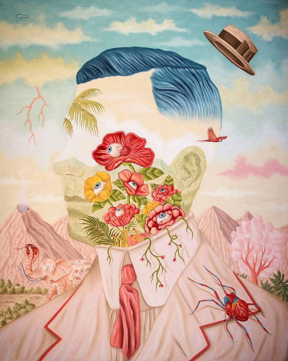 Defaced male portrait with a surreal flowers landscape inside his face.