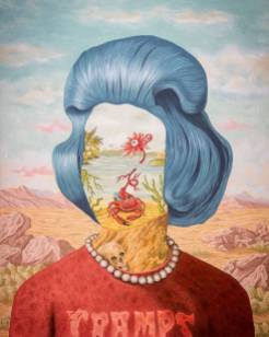 Defaced female portrait with a landscape inside her face.
