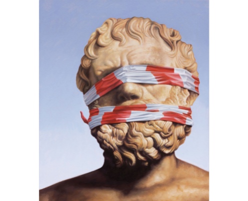 Paintings of a statue portrait with the face covered with striped tape.