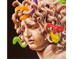 Painting of a medusa head statue with snakes candies on the head.