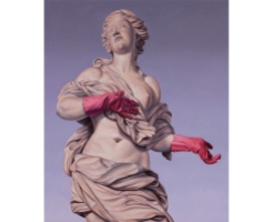 Female monument painting while wearing pink rubber gloves.